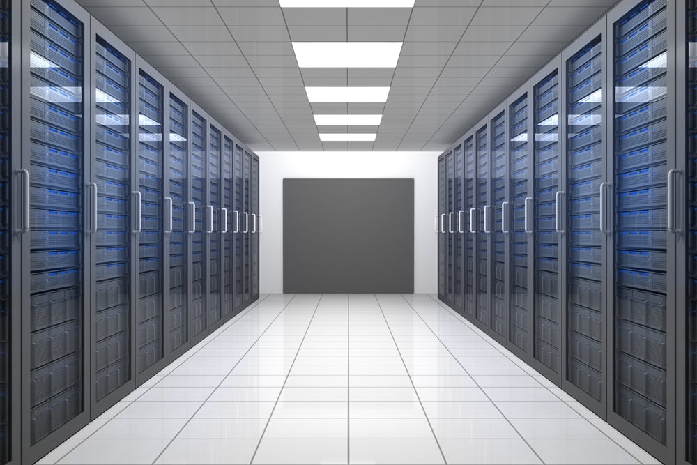 Empty hallway of tower servers in data center