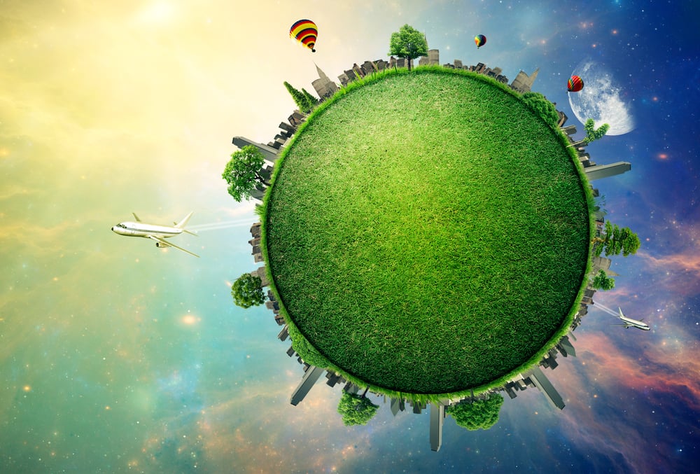 Green planet earth covered with grass city skyline. Sustainable source of electricity, power supply concept. Eco environmentally friendly technology approach. 