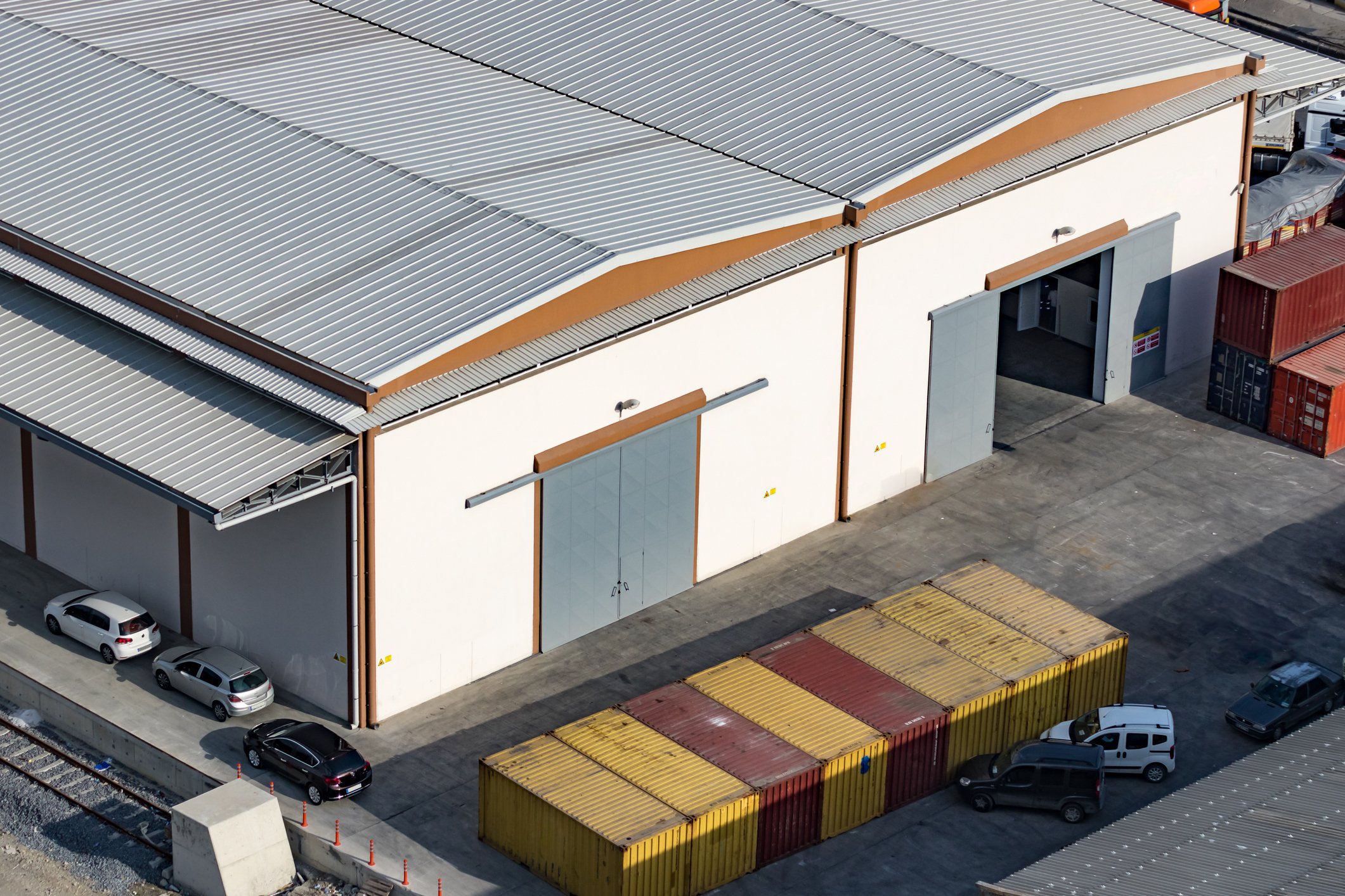 Aerial view of metal roof on warehouse
