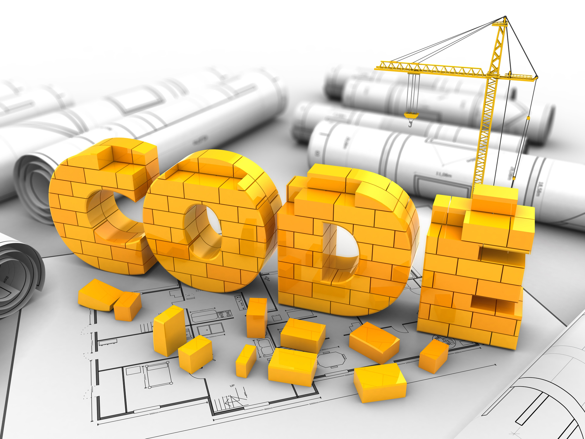 3d illustration of crane over plans in the background with code sign
